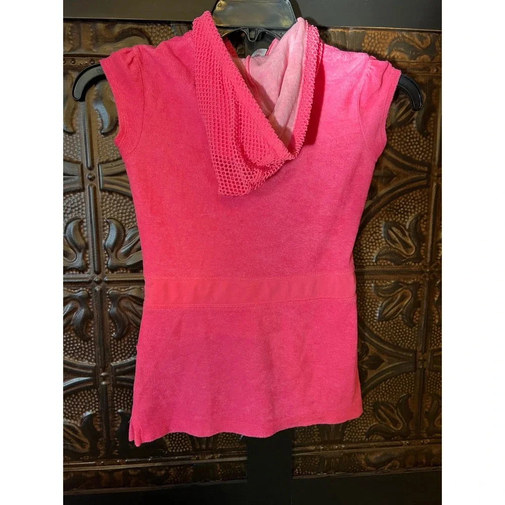 Justice Swim Girls Neon‎ Pink Terry Cloth Hooded Cover-Up Dress Size 6/7 Zip Up